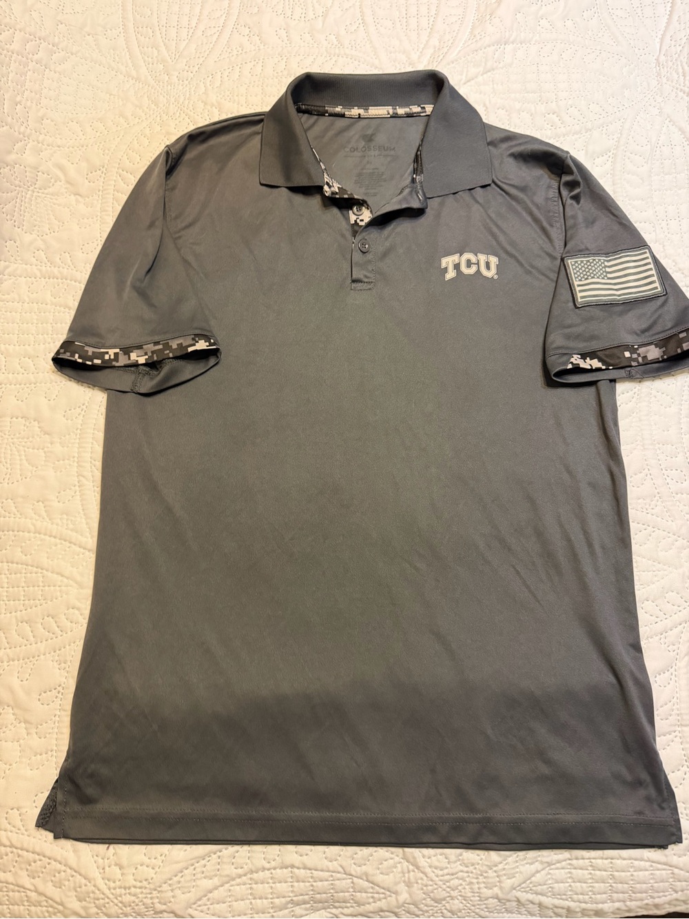 Colosseum TCU Polo Mens M Gray OHT Military Appreciation Digital Camo Sleeve